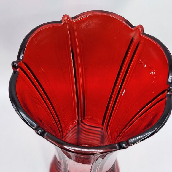 High 9.5in Embossed Flared Glass Vase Art Deco Style Design Red - Picture 3 of 10